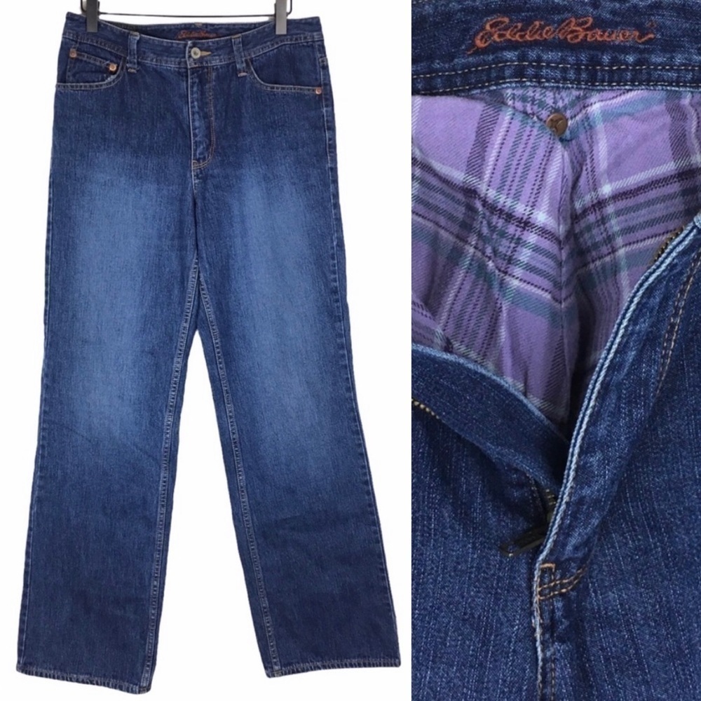 EDDIE BAUER Vintage Jeans Flannel Lined Natural Fit High Rise Purple Plaid 8